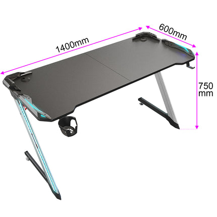 Bureau gamer table de jeu table d'ordinateur Ergonomie Matériau métallique 140x60x75cm Lumière surround RVB 7 couleurs Fente de stockage- SIRHONA