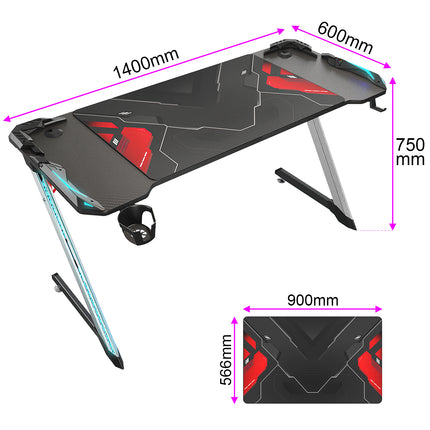 Bureau gamer table de jeu table d'ordinateur Ergonomie Matériau métallique 140x60x75cm Lumière surround RVB 7 couleurs Fente de stockage- SIRHONA