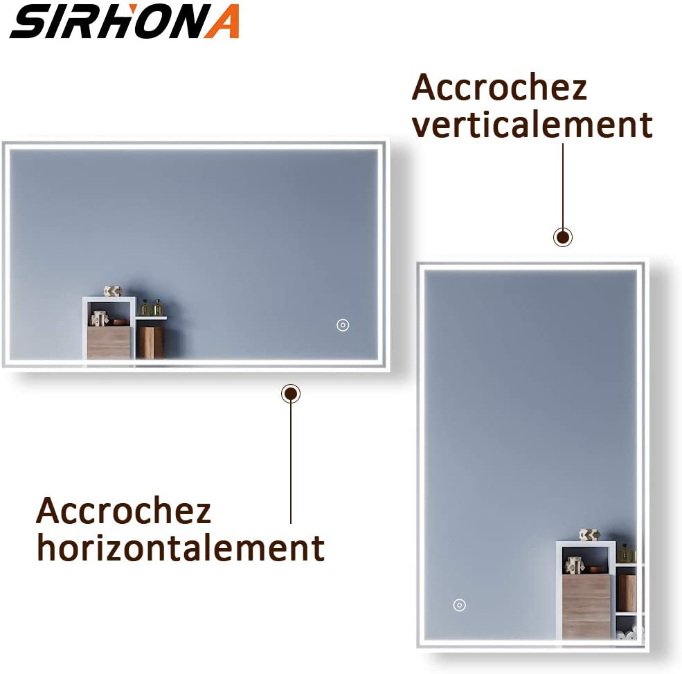 SIRHONA 100x70cm Miroir LED Miroir Salle de Bains avec éclairage LED Miroir Cosmétiques Mural Lumière Illumination avec Commande par Effleurement/Anti-buée - SIRHONA