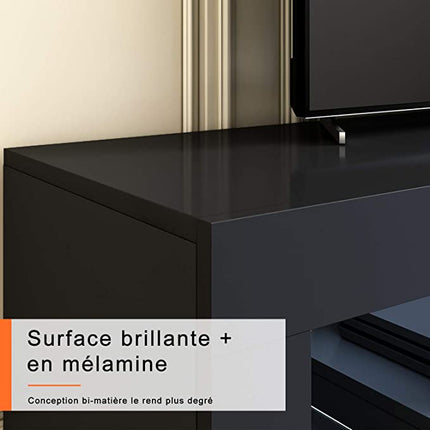 SIRHONA Meuble TV LED Noir, Banc TV 140x35x51cm, Éclairage LED RGB avec Couleur réglable, Capacité de Charge 30 kg, Convient pour Salon ou Chambre - SIRHONA