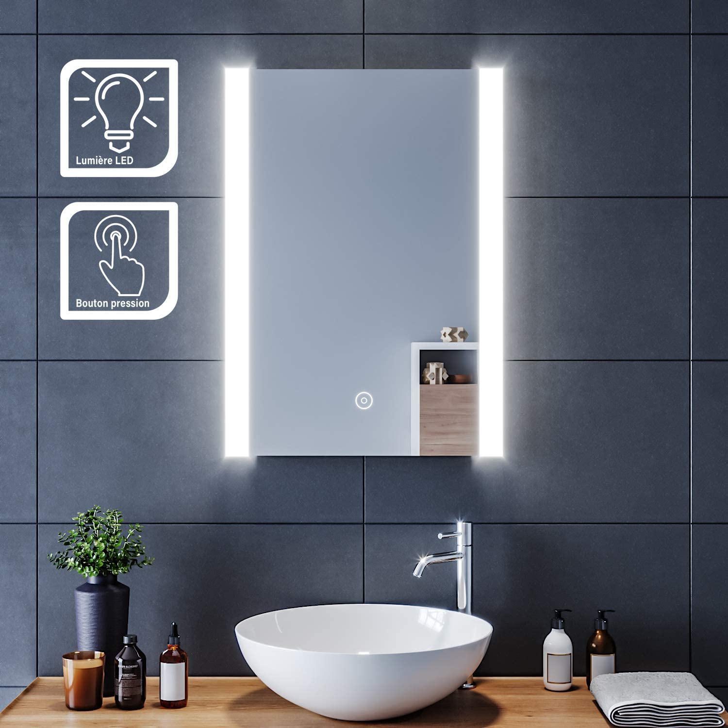 Miroir de Salle de Bain LED, Miroir Lumineux avec Interrupteur Tactile,  Montage Mural, Miroir Maquillage, 50x70cm