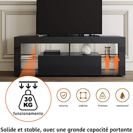 SIRHONA Meuble TV LED Noir, Banc TV 140x35x51cm, Éclairage LED RGB avec Couleur réglable, Capacité de Charge 30 kg, Convient pour Salon ou Chambre - SIRHONA