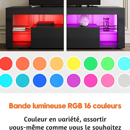 SIRHONA Meuble TV LED Noir, Banc TV 140x35x51cm, Éclairage LED RGB avec Couleur réglable, Capacité de Charge 30 kg, Convient pour Salon ou Chambre - SIRHONA