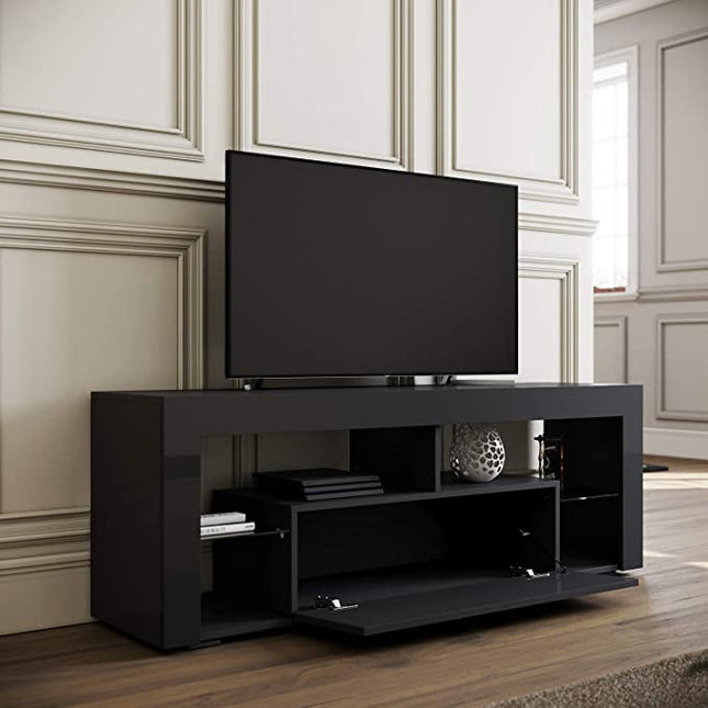 SIRHONA Meuble TV LED Noir, Banc TV 140x35x51cm, Éclairage LED RGB avec Couleur réglable, Capacité de Charge 30 kg, Convient pour Salon ou Chambre - SIRHONA