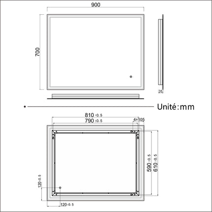 SIRHONA Miroir led Miroir de salle de bains avec éclairage LED Miroir Cosmétiques Mural Lumière Illumination avec Commande par Effleurement 90x70 CM - SIRHONA