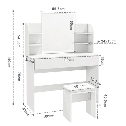 SIRHONA Coiffeuse Femme avec Miroir et Tabouret 108x40x140cm avec Tiroir Grand et 4 Étagères Blanc Table de Maquillage en Bois - SIRHONA