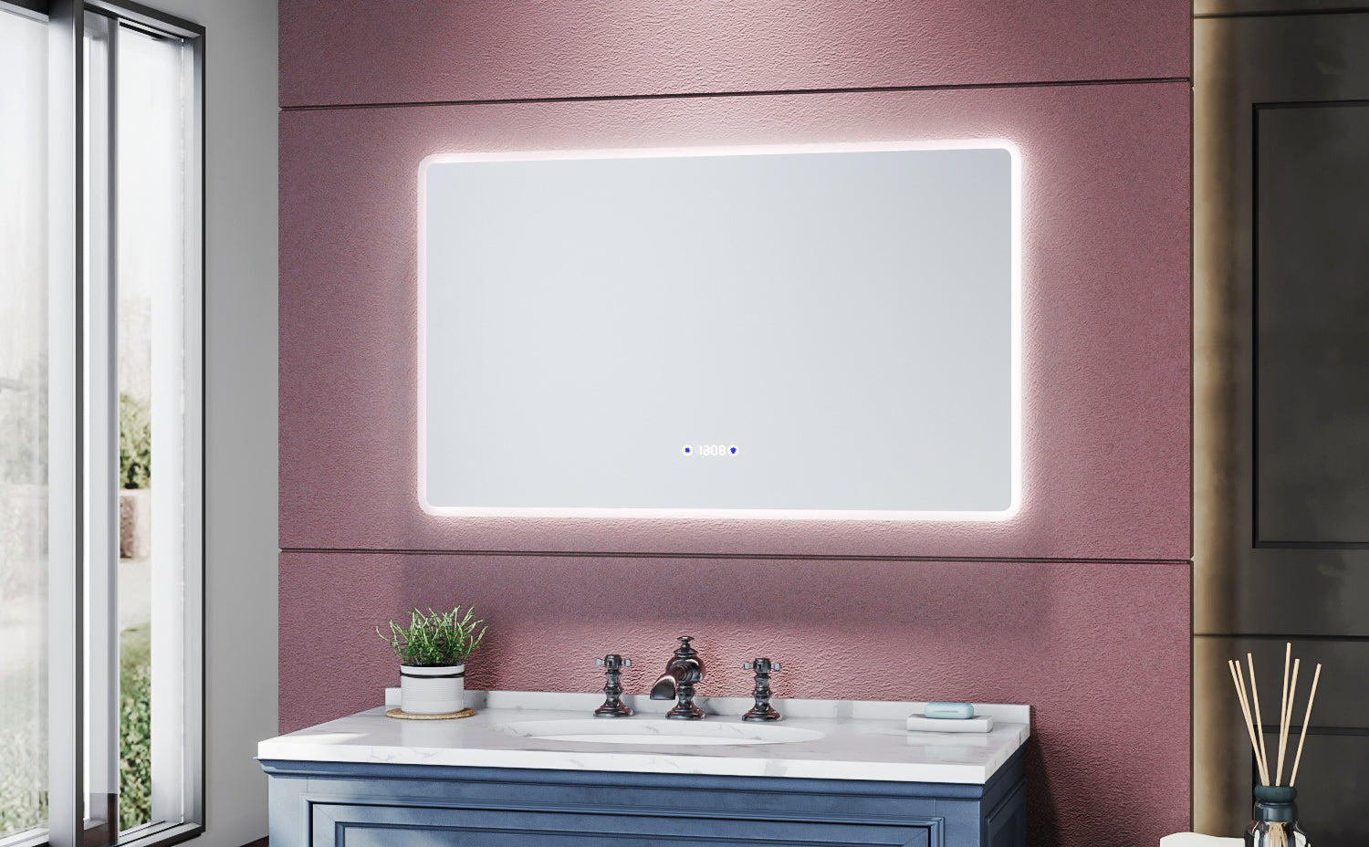 SIRHONA Miroir de salle de bains 1000 x 600 x 35mm - Miroirs cosmétiques muraux - Miroir avec led illumination - Trois températures de couleur - Antibuée avec réglage de l'heure - SIRHONA