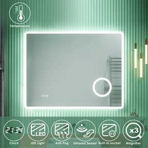SIRHONA Miroir de salle de bains LED Miroir salle de bain avec prise de courant Anti-buée avec éclairage Miroir grossissant 3X Blanc froid 90x70cm - SIRHONA