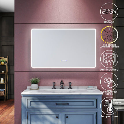 SIRHONA Miroir de salle de bains 1000 x 600 x 35mm - Miroirs cosmétiques muraux - Miroir avec led illumination - Trois températures de couleur - Antibuée avec réglage de l'heure - SIRHONA