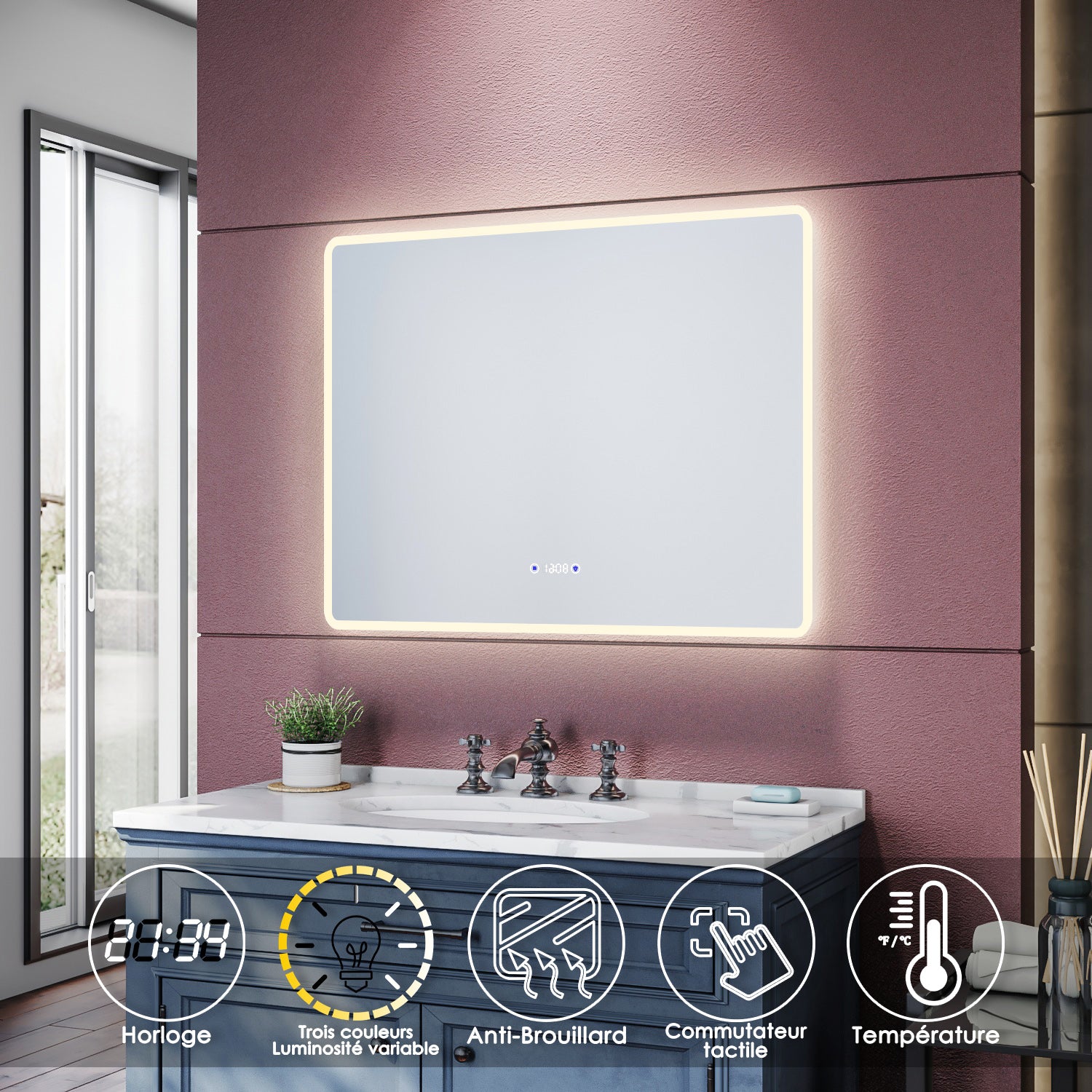 SIRHONA Miroir de salle de bains 900x700x35mm - Miroirs cosmétiques muraux - Miroir avec led illumination - Trois températures de couleur - Antibuée avec réglage de l'heure - SIRHONA