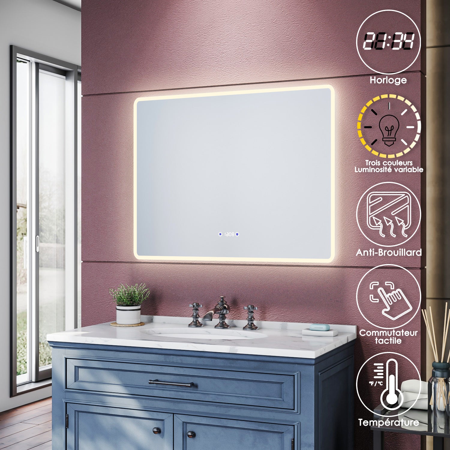 SIRHONA Miroir de salle de bains 900x700x35mm - Miroirs cosmétiques muraux - Miroir avec led illumination - Trois températures de couleur - Antibuée avec réglage de l'heure - SIRHONA