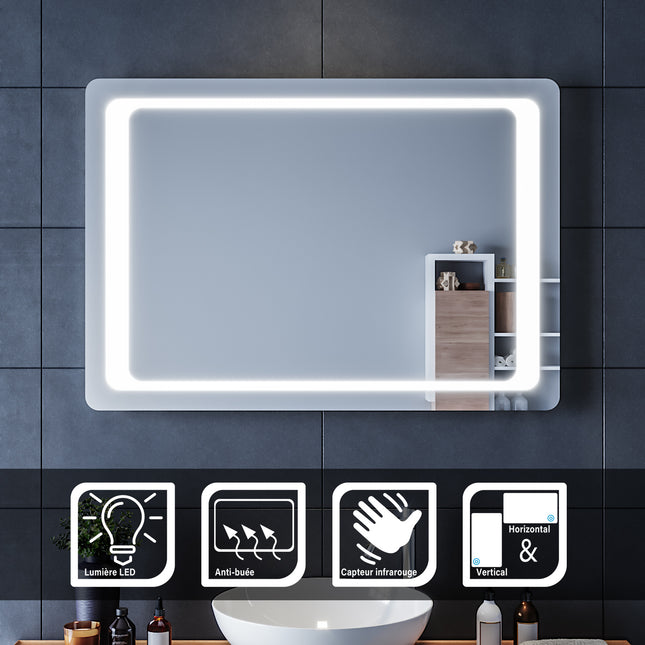 SIRHONA Miroir LED Salle de Bains avec éclairage LED Miroir Muraux AVCE Anti-buée Fonction Cosmétiques Mural Lumière Illumination - SIRHONA