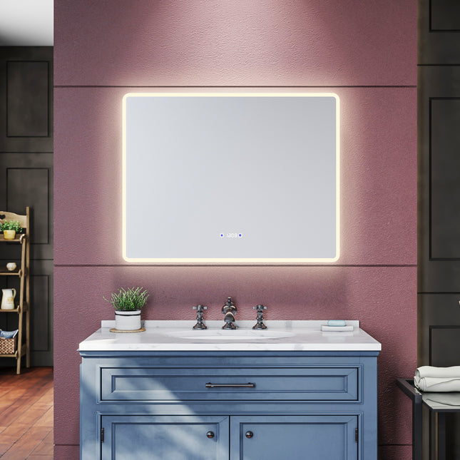 SIRHONA Miroir de salle de bains 900x700x35mm - Miroirs cosmétiques muraux - Miroir avec led illumination - Trois températures de couleur - Antibuée avec réglage de l'heure - SIRHONA