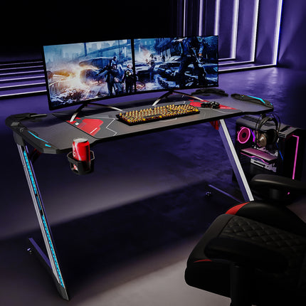 Bureau gamer table de jeu table d'ordinateur Ergonomie Matériau métallique 140x60x75cm Lumière surround RVB 7 couleurs Fente de stockage- SIRHONA