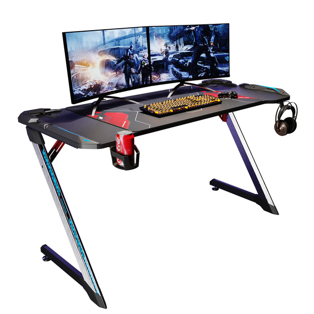 Bureau gamer table de jeu table d'ordinateur Ergonomie Matériau métallique 140x60x75cm Lumière surround RVB 7 couleurs Fente de stockage- SIRHONA