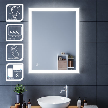 SIRHONA Miroir LED Salle de Bains avec éclairage LED Miroir Muraux AVCE Anti-buée Fonction Cosmétiques Mural Lumière Illumination - SIRHONA