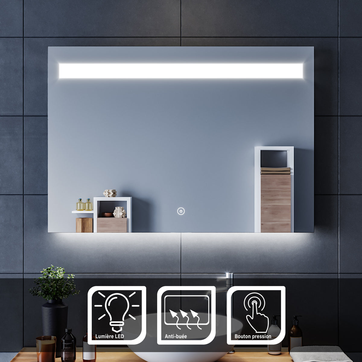 SIRHONA 100x70cm Miroir LED Miroir Salle de Bains avec éclairage LED Miroir Cosmétiques Mural Lumière Illumination avec Commande par Effleurement/Anti-buée - SIRHONA