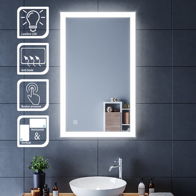 SIRHONA Miroir LED Salle de Bains avec éclairage LED Miroir Muraux AVCE Anti-buée Fonction Cosmétiques Mural Lumière Illumination - SIRHONA
