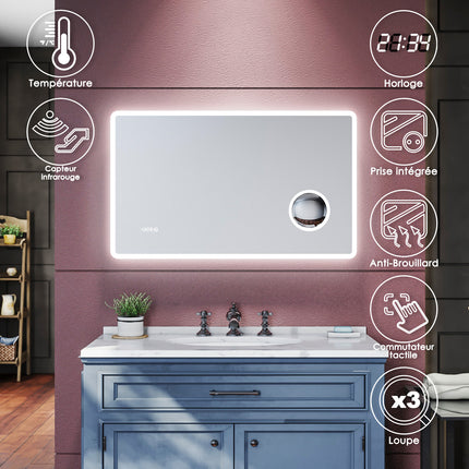 Miroir de salle de bains 1000 x 600 x 40mm - Miroirs cosmétiques muraux - Miroir avec led illumination - Miroir grossissant 3X - Blanc froid - Avec prise rasoir - Anti-poussière et antibuée, SIRHONA - SIRHONA