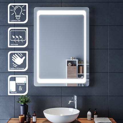 SIRHONA Miroir LED Salle de Bains avec éclairage LED Miroir Muraux AVCE Anti-buée Fonction Cosmétiques Mural Lumière Illumination - SIRHONA