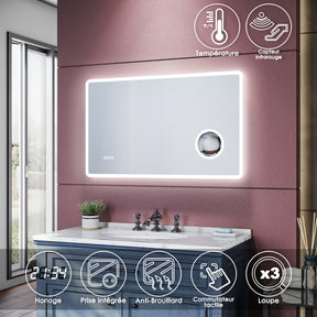 Miroir de salle de bains 1000 x 600 x 40mm - Miroirs cosmétiques muraux - Miroir avec led illumination - Miroir grossissant 3X - Blanc froid - Avec prise rasoir - Anti-poussière et antibuée, SIRHONA - SIRHONA