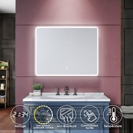 SIRHONA Miroir de salle de bains 900x700x35mm - Miroirs cosmétiques muraux - Miroir avec led illumination - Trois températures de couleur - Antibuée avec réglage de l'heure - SIRHONA